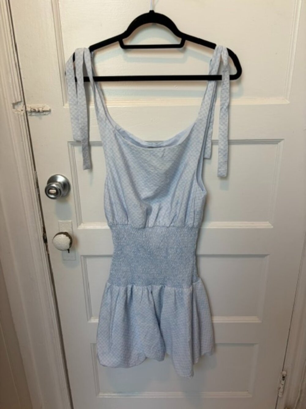 Loucia Light Blue Tie-Shoulder Smocked Mini Dress - NWT S